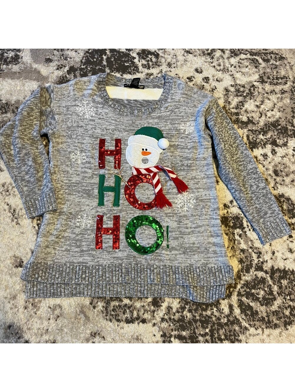 Women’s Christmas Sweater, size OX, Snowman, Ho Ho Ho, gray, sequins